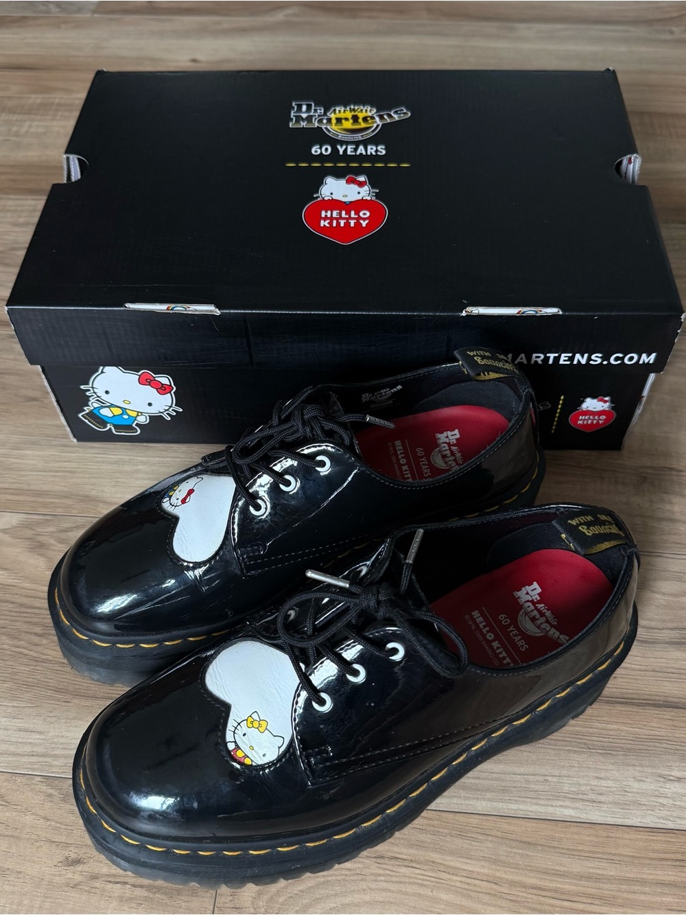 Dr. Martens Hello Kitty 1461 Quad HK Black Patent Leather Platform Lace Up Shoes